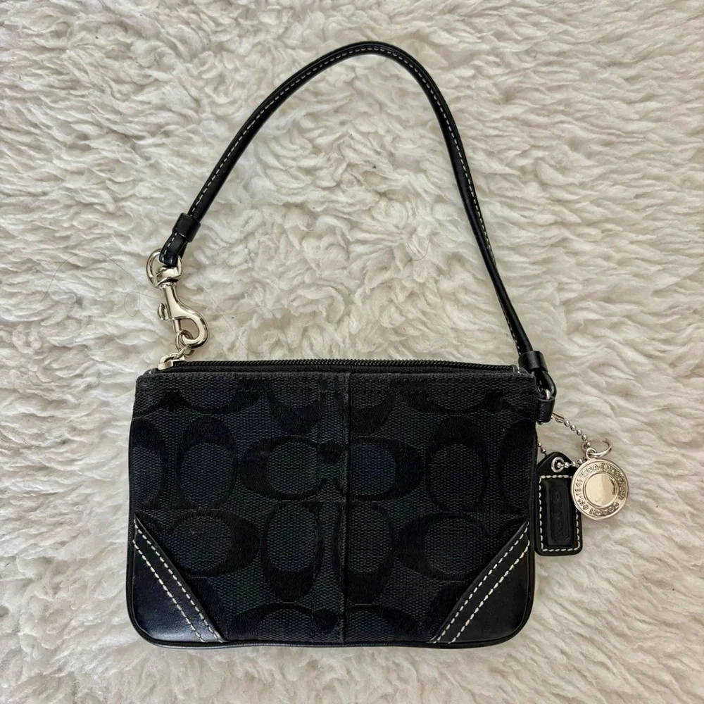 Coach CC Signature Canvas Black Leather Wristlet with Charm